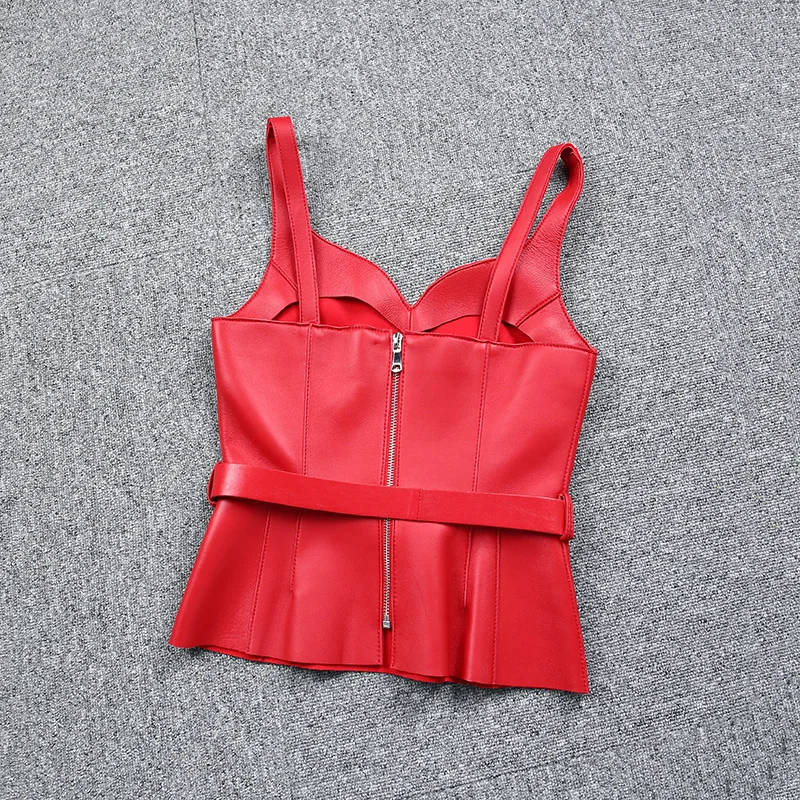 2022 New Sheepskin Camisole Lotus Leaf Hem Top Fashion High Waist Genuine Leather Jacket E25