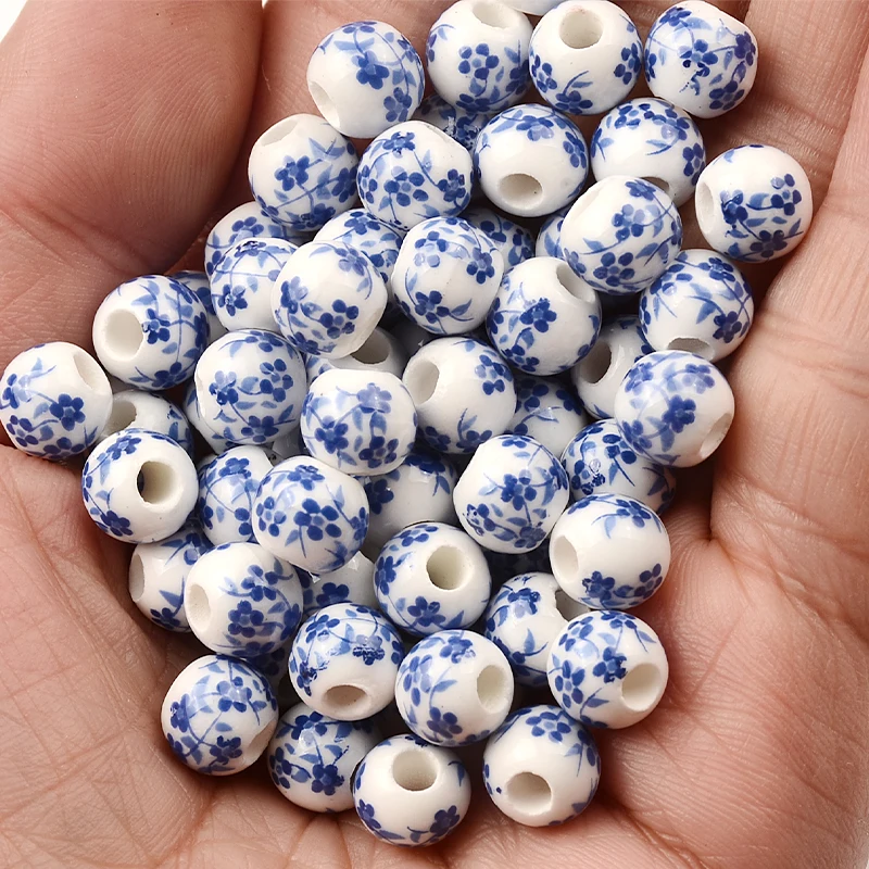 

8mm Blue Chinese Flower Patterns Round Ceramic Porcelain Loose Spacer Beads Lot for DIY Crafts Bracelet Jewelry Making