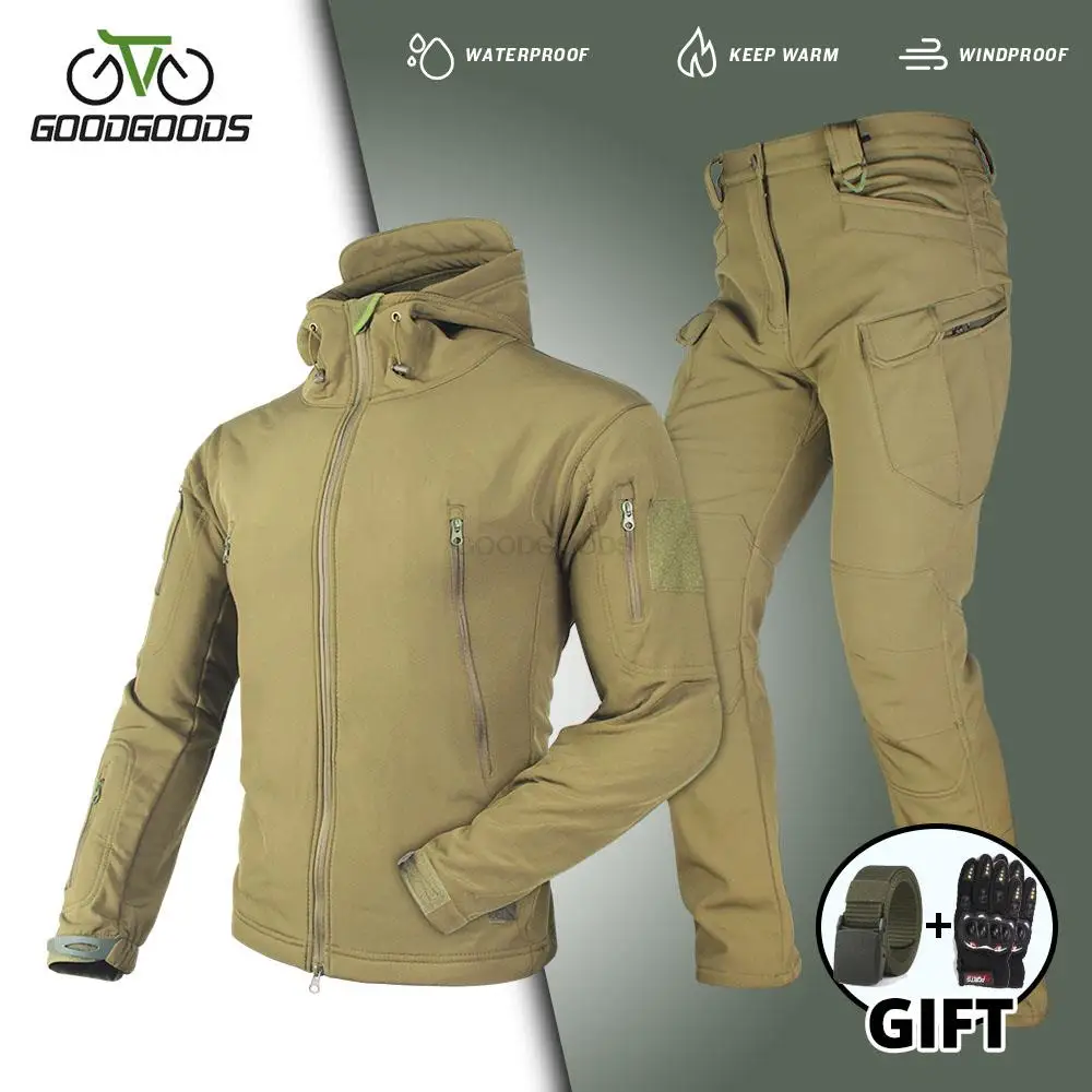 

Military Tactical Jackets Suit 2Pcs Winter Men Waterproof WindProof Jacket Suit Combat Hood Camp Fishing Trek Hunt Trousers