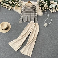 striped knit ribbed two piece sets women spring clothes long sleeve blouse top wide leg pants matching sets outfits loungewear