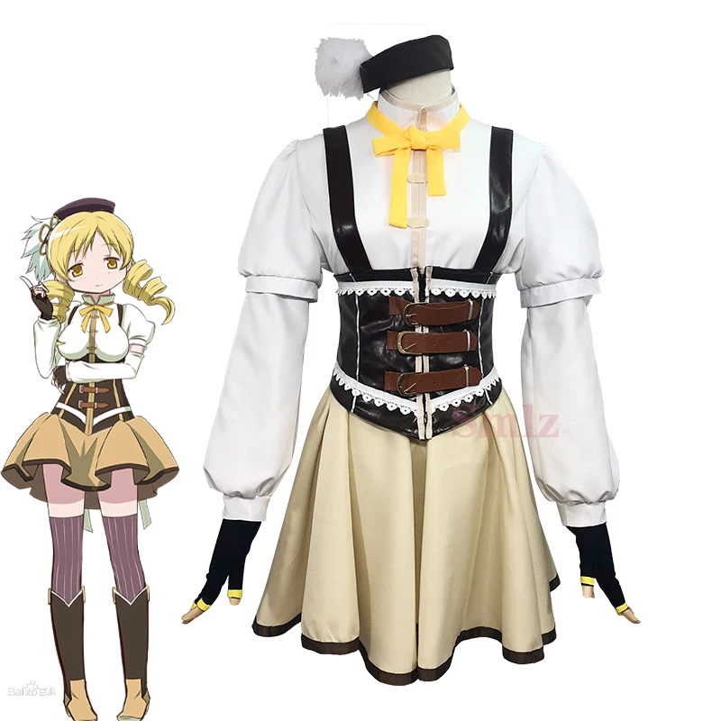Аниме Puella Magi Madoka Magica Косплей Tomoe Mami Костюм Полный комплект шляпа носки включает