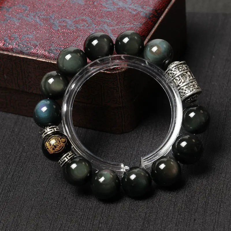 

Rabbit Natural Rainbow Eye Obsidian Bracelet Male Benmingfo Twelve Zodiac Guardian Transfer Beads Good Lucky Amulet Handstring