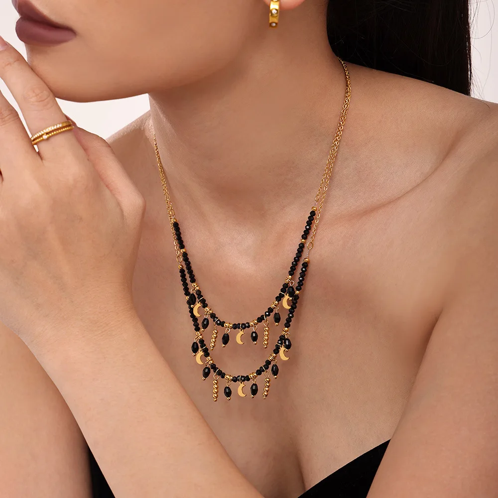 Noble Black Crystal Stainless Steel Necklace for Women Gold Plated Tassel Pendant Luxury Charm Chain Jewelry Gift |