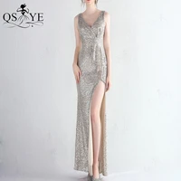 silver sequin prom dresses v neck sleeveless ruffles evening gown backless sheath open split sexy lady formal party gown chic