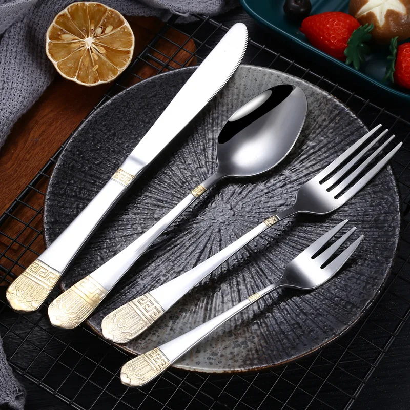 

16/24Pcs Stainless Steel Dinnerware Carved Crown Handle Polishing Cutlery Set Kitchen Tableware Fork Steak Knife TeaSpoon Dinner