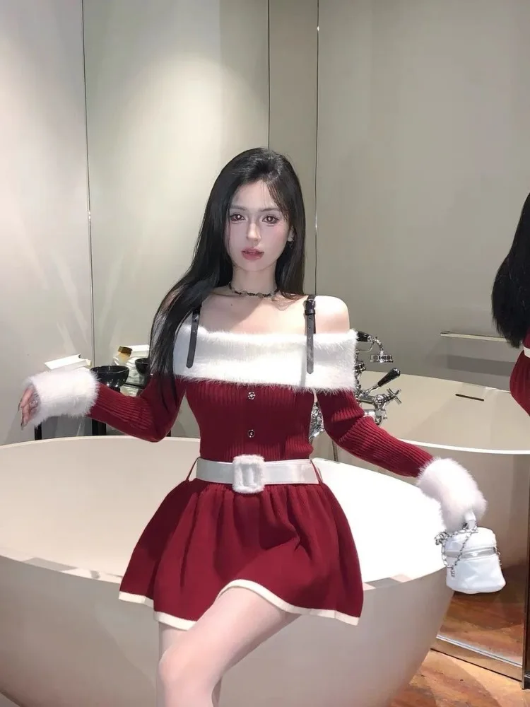 Korejepo одно слово плечо волосатое платье с длинными рукавами женская зимняя тонкая