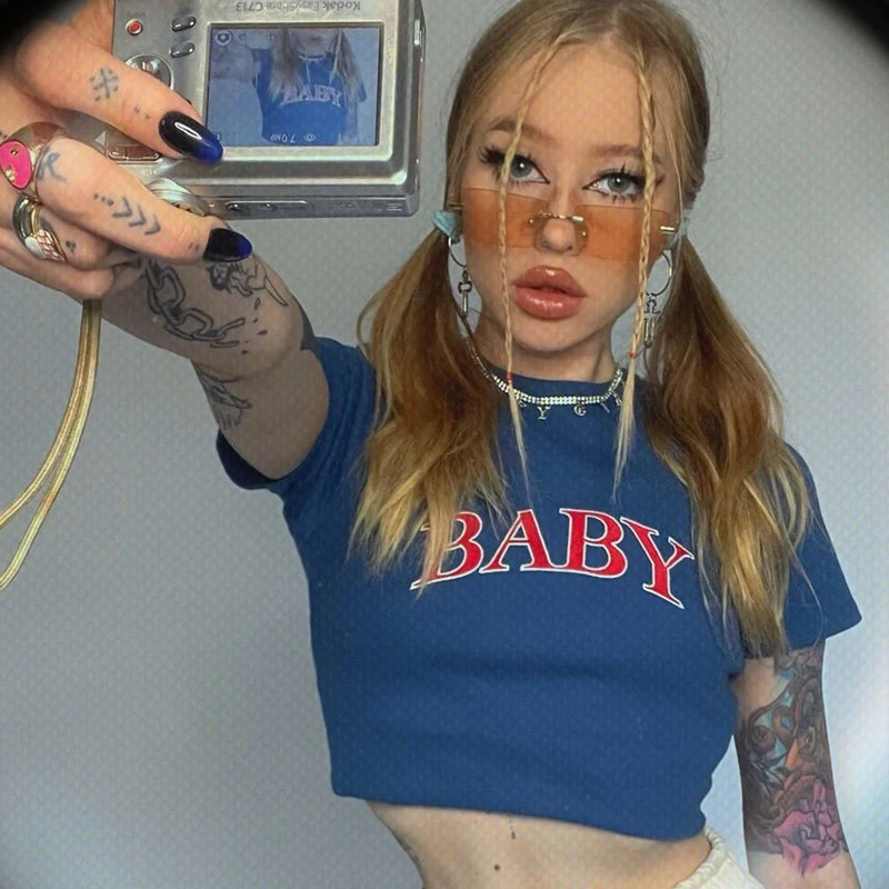 

Y2K летние укороченные топы с надписью blue fairy grunge, приталенная уличная одежда в стиле 1920-х, Готическая футболка в стиле Харадзюку с коротким рукавом, футболка, одежда, эмо