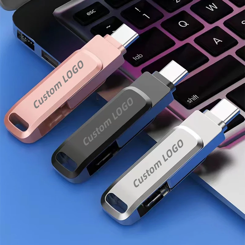 

Free Custom LOGO 3 IN 1 Rotary Metal OTG Flash Drive iPhone/ Phone Type-C/Computer Type-C interface 64GB 128GB Memory Stick