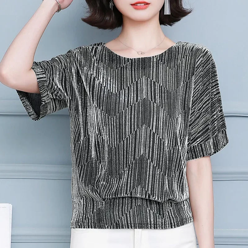 Женская Летняя Блузка Блестящий Топ С Круглым Вырезом Элегантный Повседневный