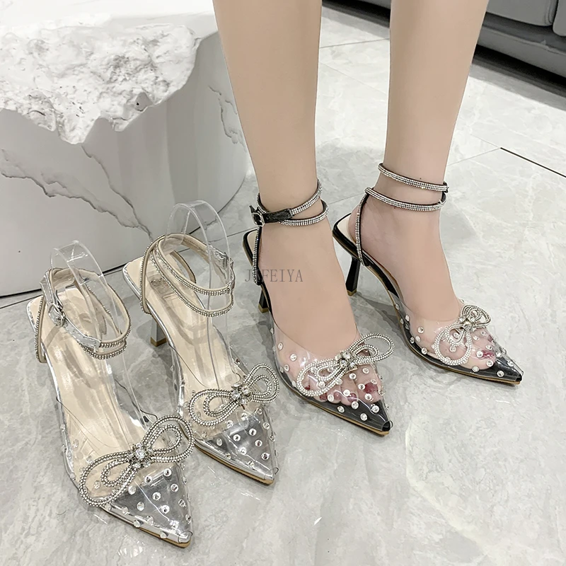 

High Heel Party Bling Shoes Sexy Pointed Toe PVC Dots Rhinestone Decoration Buckle Crystal Bordered Sandals Transparent Shoes