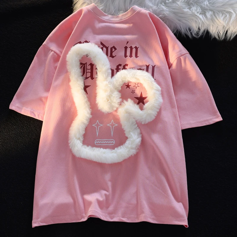 

Gaodinglan Summer Creative Hairy Flocking Sweet Women Short Sleeve T-shirts O Neck Cotton Tees Female Harajuku Large Size Tops