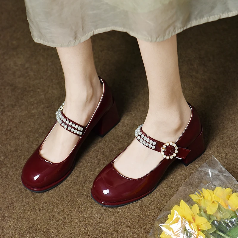 

New Round Toe Chunky Heel Pin Buckle Pearl Decoration Fashion Women's Shoes Summer Shallow Mouth Elegant Casual Party High Heels