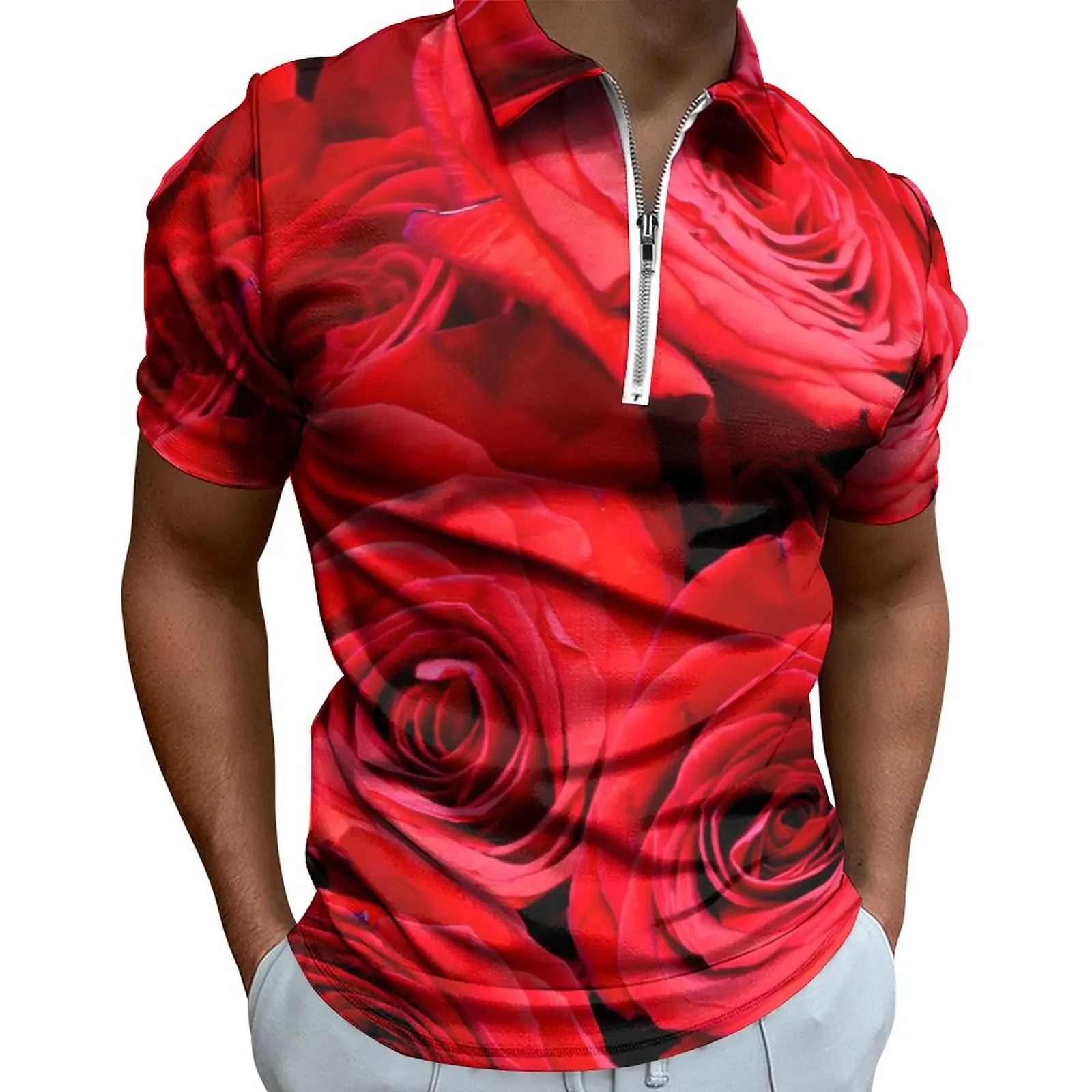 

Red Rose Print Polo Shirt Male Elegant Floral Casual Shirt Beach Novelty Zipper T-Shirts Short-Sleeve Printed Oversized Clothing