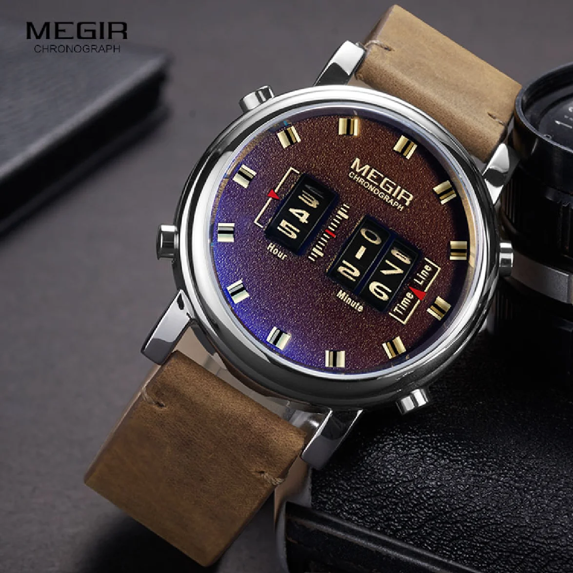 

MEGIR 2023 New Top Band Watches Men Military Sport Brown Leather Quartz Wrist Watch Luxury Drum Roller relogio masculino 2137