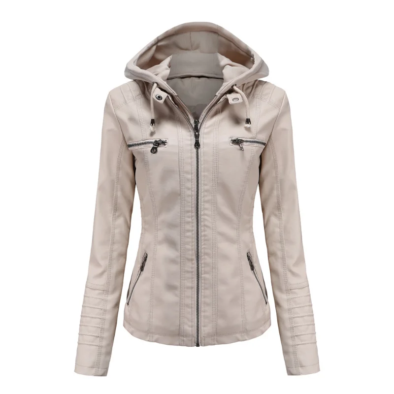 Spring and Autumn Hooded Leather Jacket Two Piece Detachable Large Size PU Leather Jacket for Women