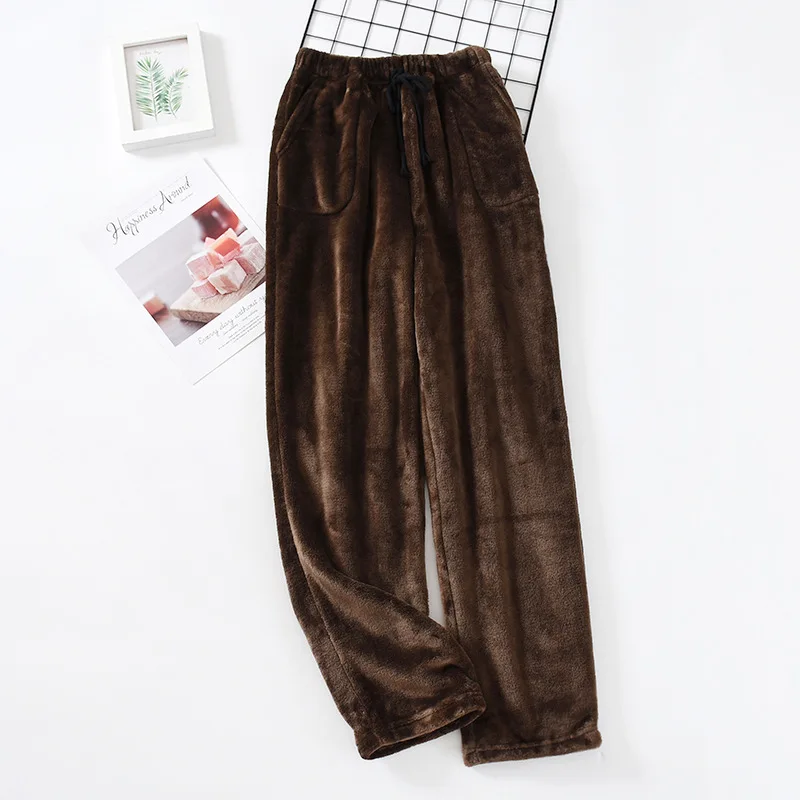 Winter Coral Fleece Sleep Bottoms For Men Thicken Warm Mens Sleepwear Long Pants Comfortable Drawstring Pajama Sleeping Trousers