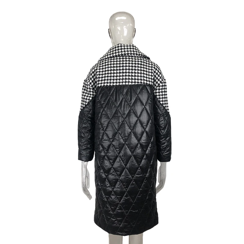 2023 Fall/Winter New Lapel Lapel Ladies Houndstooth Patchwork Fashion Coat Long Sleeve Stand Collar Elegant Loose Long Jacket