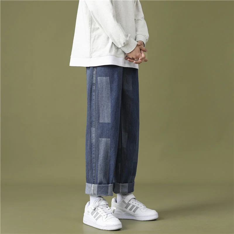 Summer Blue Baggy Jeans Men Fashion Retro Plaid Jeans Men Streetwear Hip Hop Loose Straight Denim Pants Mens Trousers M-2XL