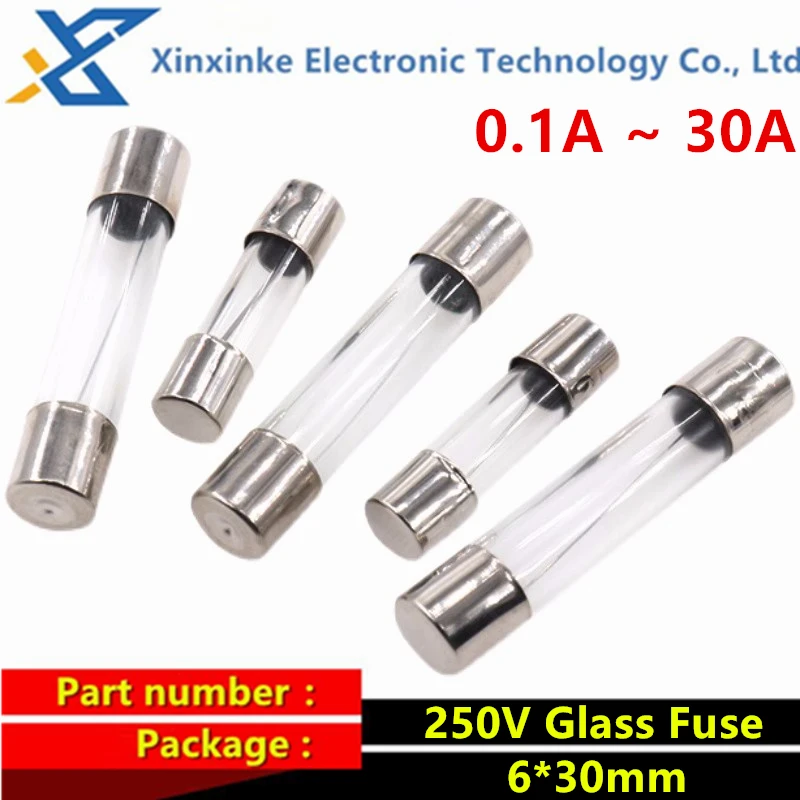 10PCS Glass Fuse 0.1A 0.2A 0.5A 1A 2A 3A 3.15A 4A 5A 6A 7A 8A 10A 250V Fuse Tube 6x30 Fuse 6*30 Car Cigarette Lighter Recorder