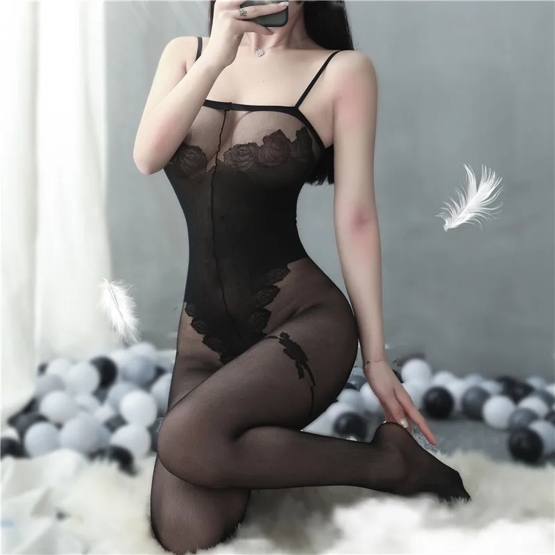 

Sexy Femme Tights Bodysuit Pantyhose Hollow Out Stocking Back Seam Hosiery Open Crotch Backless Halter Tops