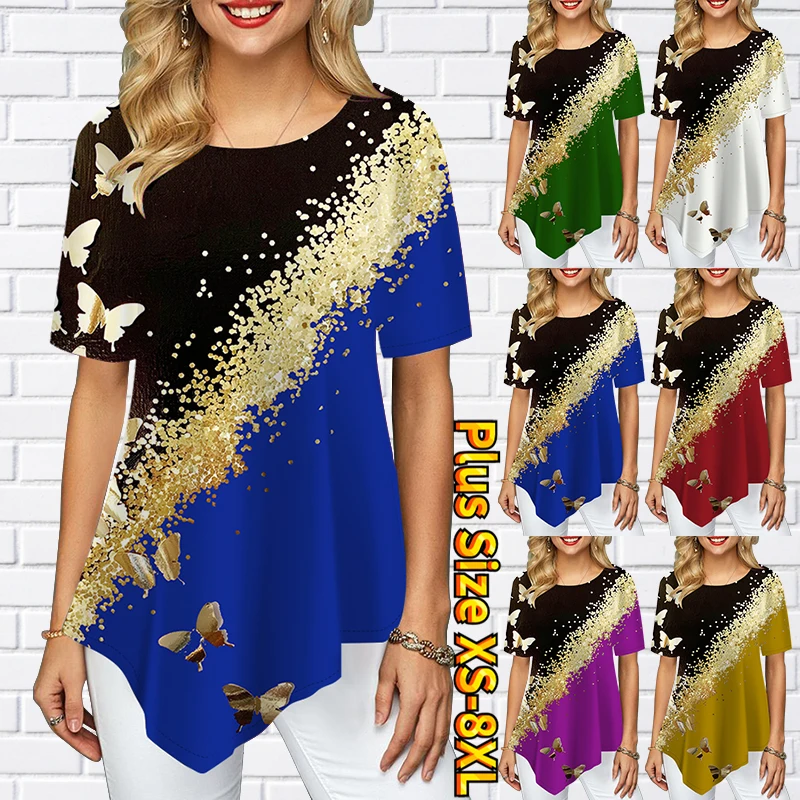 

Ladies Light Luxury Pointed Toe Skirt Swing Short Sleeve Women's T-Shirt Golden Dot Butterfly Print Round Neck Summer XS-8XL