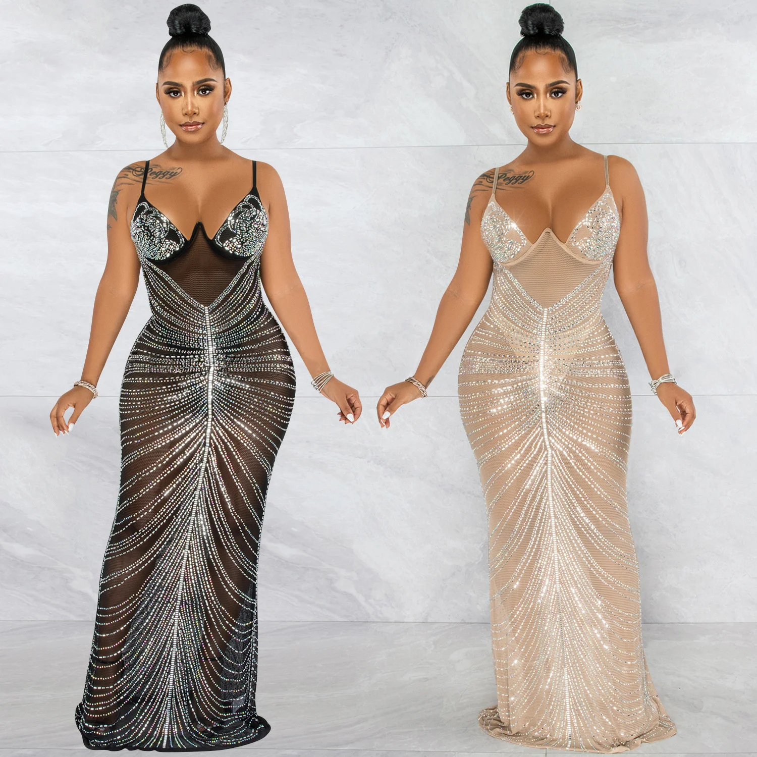 

SUJYing 2022 Fashion New Hot Drill Sexy Suspender Wrap Chest Mesh Perspective Winter Women Dresses For Summer Maxi Dress Elegant