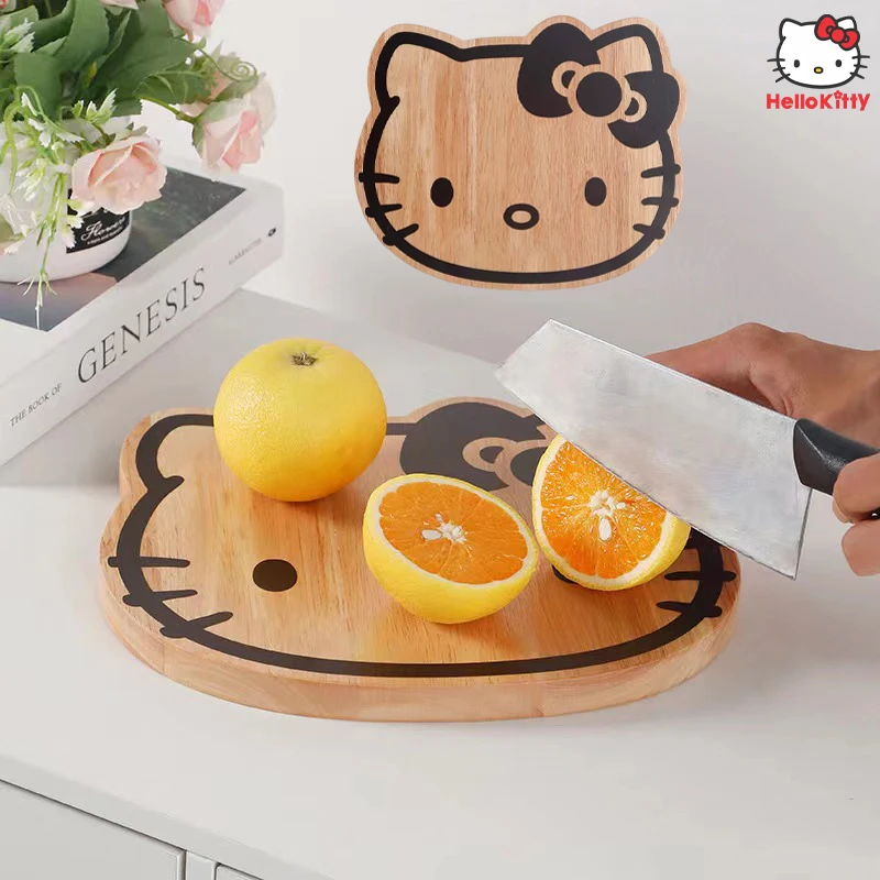 

Sanrio Anime Hello Kitty Cutting Board Kawaii Kuromi Cinnamoroll Kitchen Solid Wood Cutting Board Bread Fruit Sushi Steak Tray