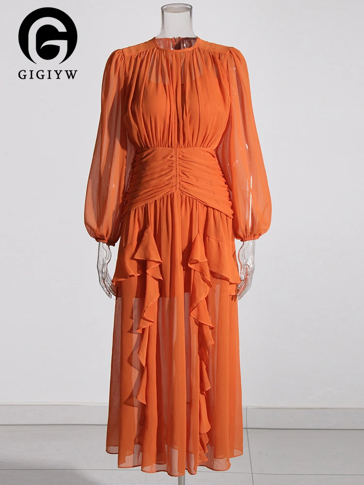 

Женское плиссированное платье GIGIYW, элегантное платье миди с оборками, круглым вырезом, рукавами-фонариками и высокой талией, весенняя одежда, 2023