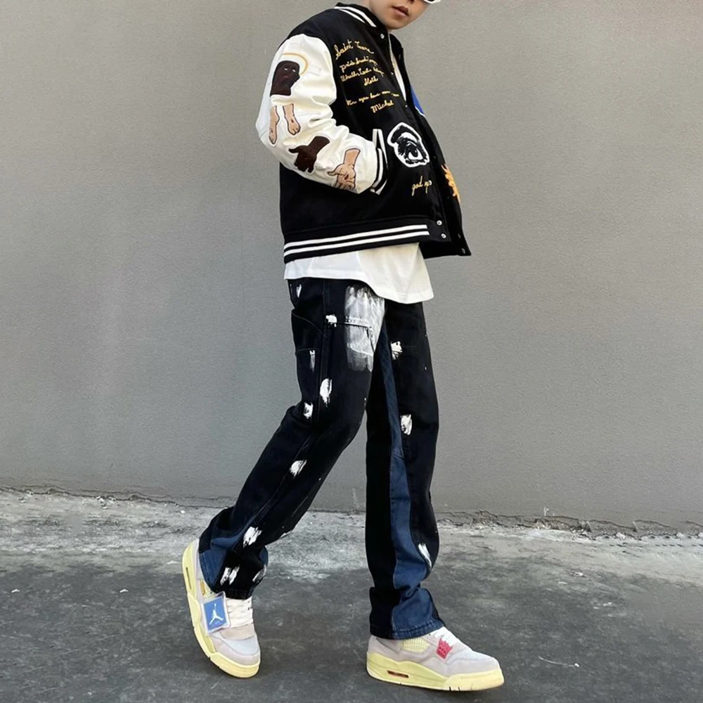 Design Sense Splash Ink Graffiti Jeans High Street Vibe Pants Men's Stitching Straight Loose Black American Long Pants Tide
