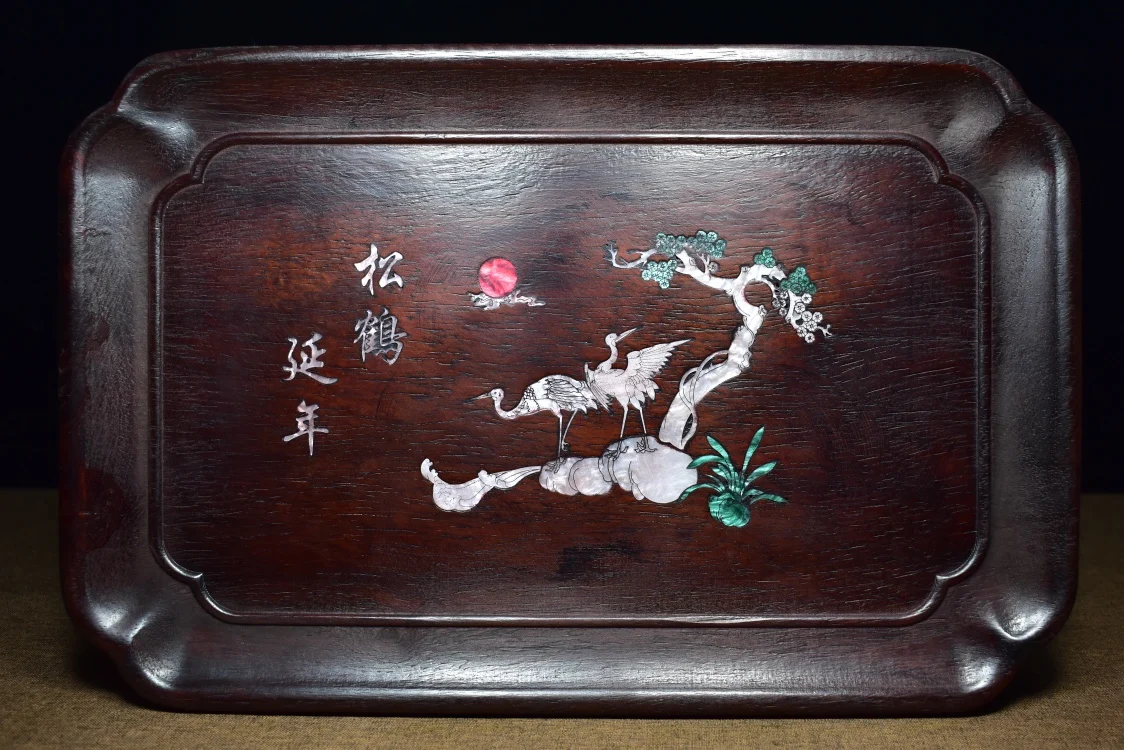 

14" Chinese Folk Collection Old blood sandalwood Wood mosaic shell Songhe Yannian tea tray plate screen ornament Town house