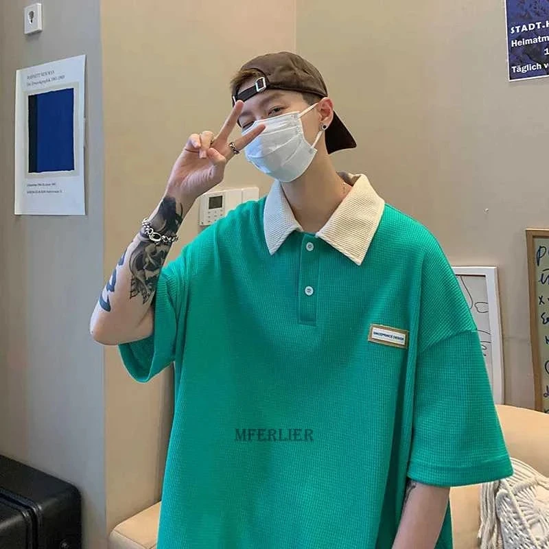 

summer men campus style waffle plaid polo shirts short sleeve letter tees plus size 8XL chic tops fashion chic polo shirt blue