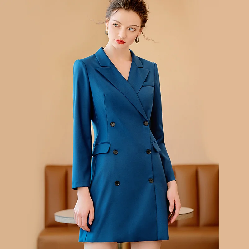New Women Peacock Blue Blazer Dress Spring Autumn 2022 Elegant Fashion Double Breasted Slim Waist Office Lady Suit Dress