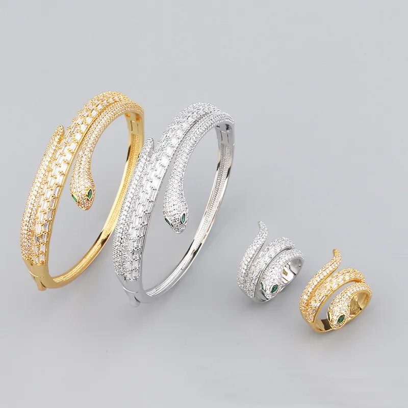 

Europe America Fashion Style Women Lady Plated Gold Color Inlay Full Zircon Double Circle Snake Snakelike Ring Bangle Bracelet