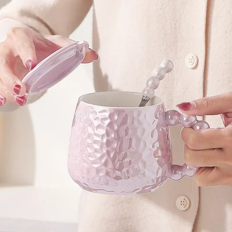 400 мл красочная жемчужная керамическая кружка с крышкой и ложкой высокий уровень