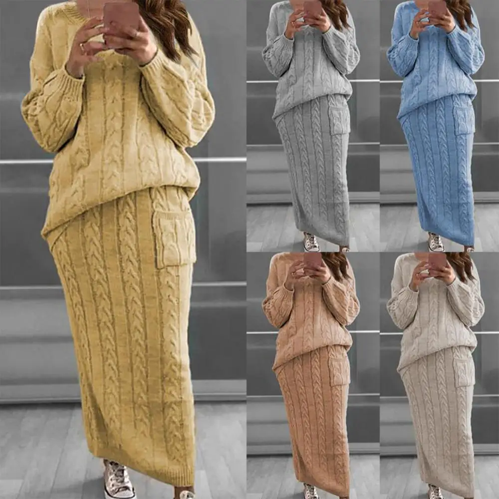 

Women Autumn Winter Long Sleeve Jumper Sweater Skirt Set Warm Knitted Outfit