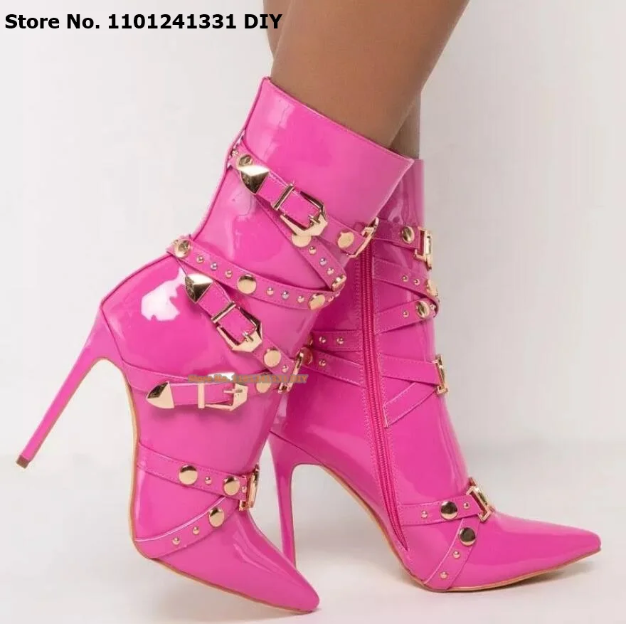 

Bright Rose Red Pointed Toe Leather Thin High Heels Boots Women Buckle Straps Leather High Heel Ankle Boots Women Shoes