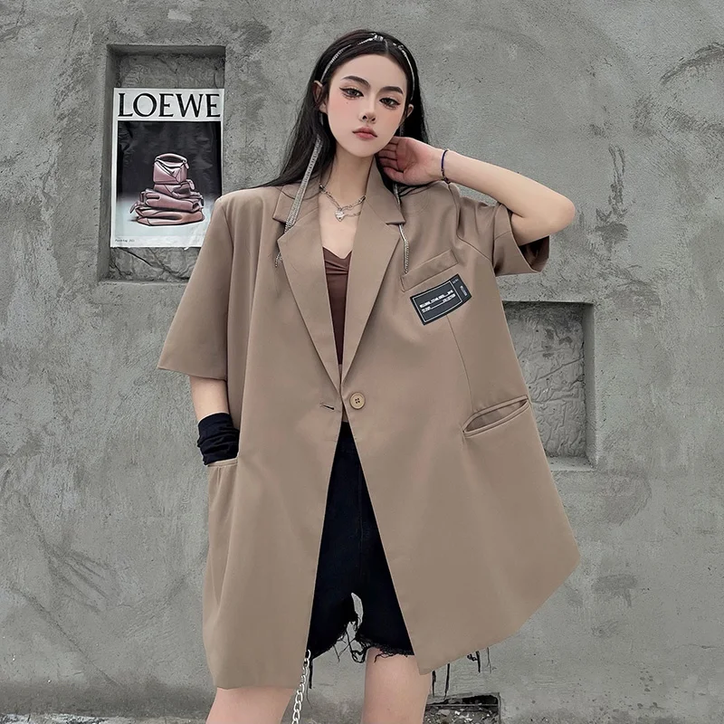 2023 Summer New Women's Suit Jacket Lapel Short-sleeved Solid Color Jacket Fashion Loose Casual Thin Temperament Suit Tops
