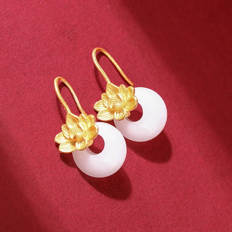 

Earing Sets for Women Original Ancient Hotan Jade Buckle Vintage Earrings Silver