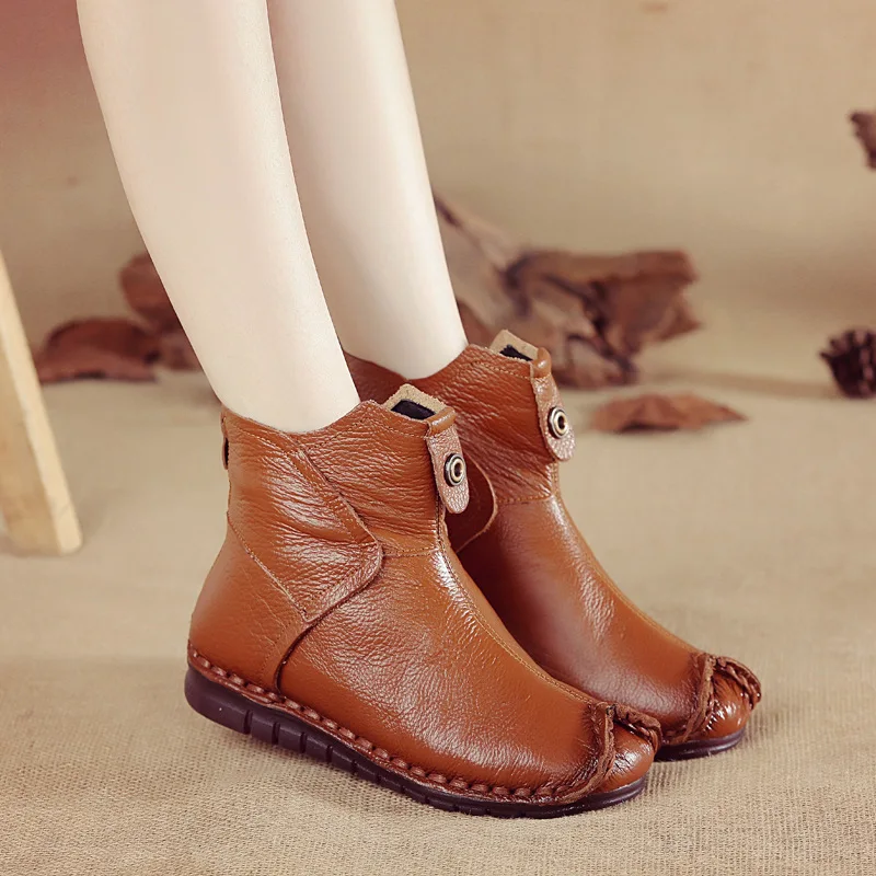

Vintage Cowboy Boots Leather Shoes Woman Winter Warm Plush Booties Big Size 42 Women's Riding Boot Luxury Retro Genuine Leather
