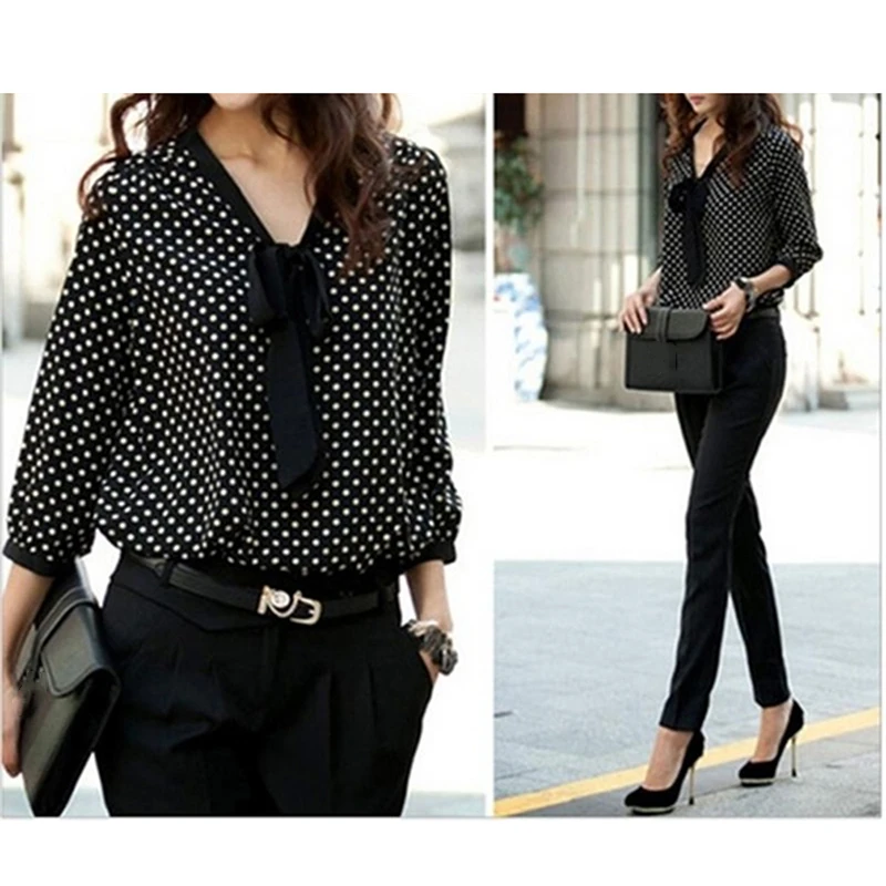 

Bow Collar Office Blouse Long Sleeve Women Shirts Fashion Black Dot Print Chiffon Blouse Shirt Womens Tops And Blouses