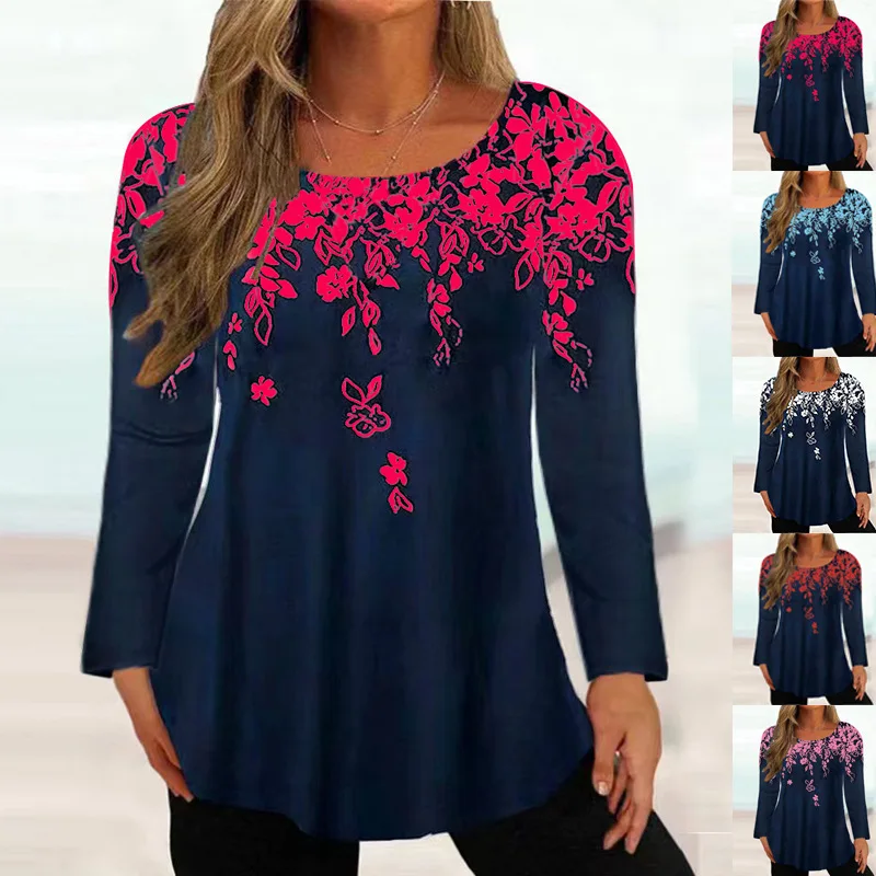 

Women's Casual Tees Top Flower 2023 Autumn/Winter New Long Sleeve Round Neck Loose Print T-shirt S-5XL
