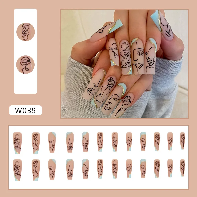 

24Pcs/set Press On Nails Abstract Woman Faces Image Ballet Full Cover False Nails DIY Glue Press On Nails Nail Supplies