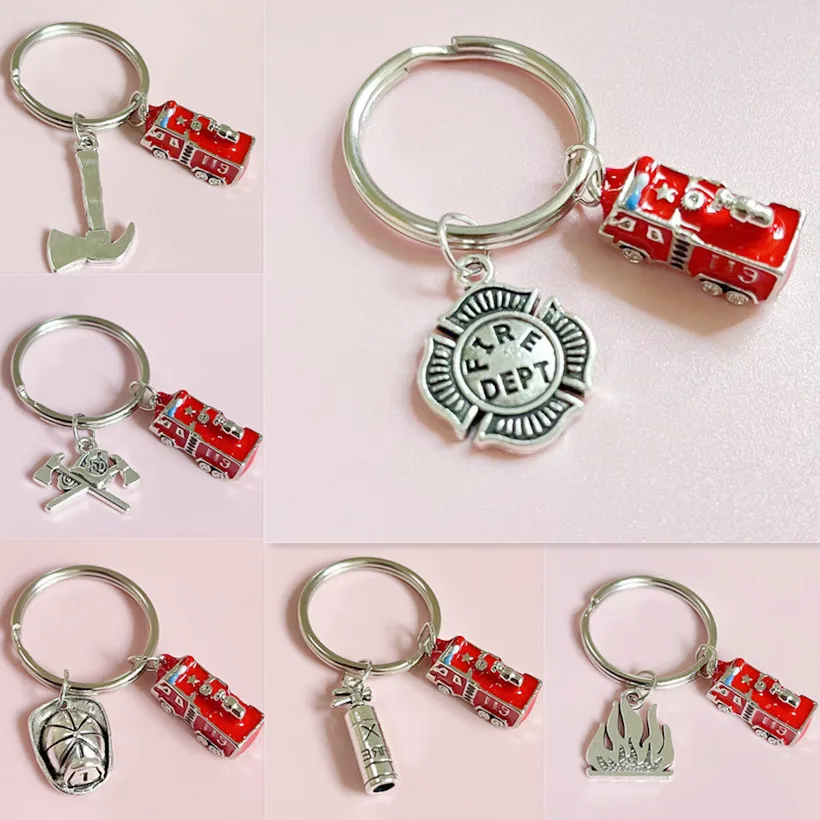 

Fire Fighting Truck Fire Dept Fire Engine Creative Gift Fireman KeyChain KeyRing Women Man Accessories Jewelry Pendant