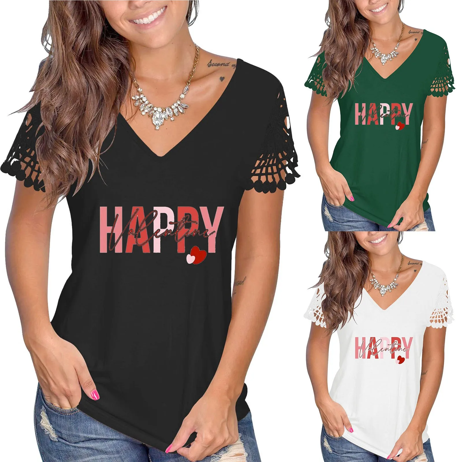 

Женская летняя футболка с V-образным вырезом, коротким рукавом и кружевным принтом