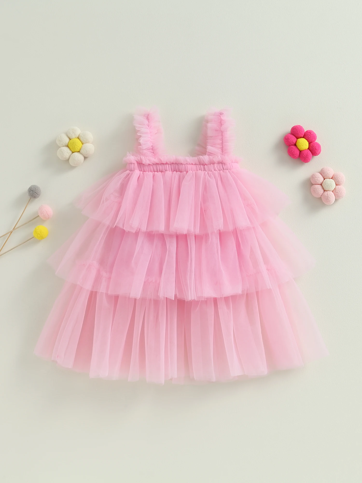 

Одежда для новорожденных девочек, без рукавов, однотонное цветочное ТРАПЕЦИЕВИДНОЕ ПЛАТЬЕ, летнее Тюлевое платье для ежедневного использования, милый наряд для младенцев (розовый цвет