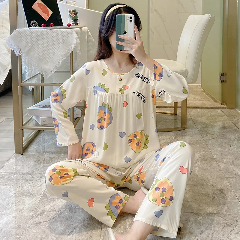 Cotton Silk Long-sleeved Printed Pajamas Women's Home Service Summer Long-sleeved Cotton Suit Sleepwear Women