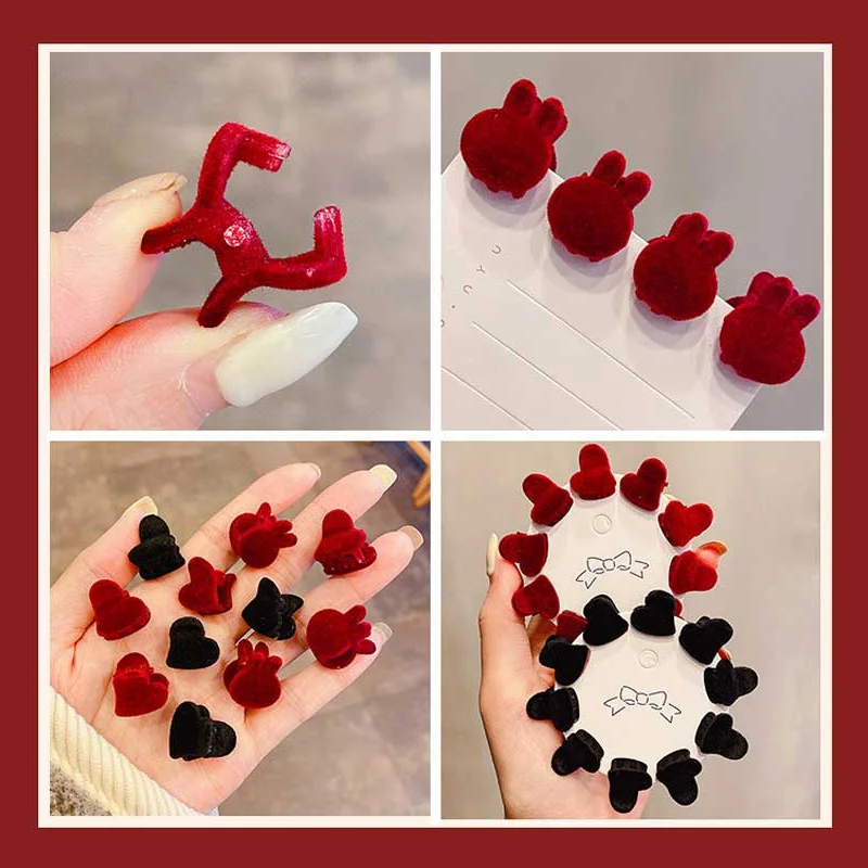 

10/set Women Girls Mini Hairpin Red Black Velvet Heart Rabbit Small Hair Claws Sweet Mini Hair Claw Hair Band Hair Accessories