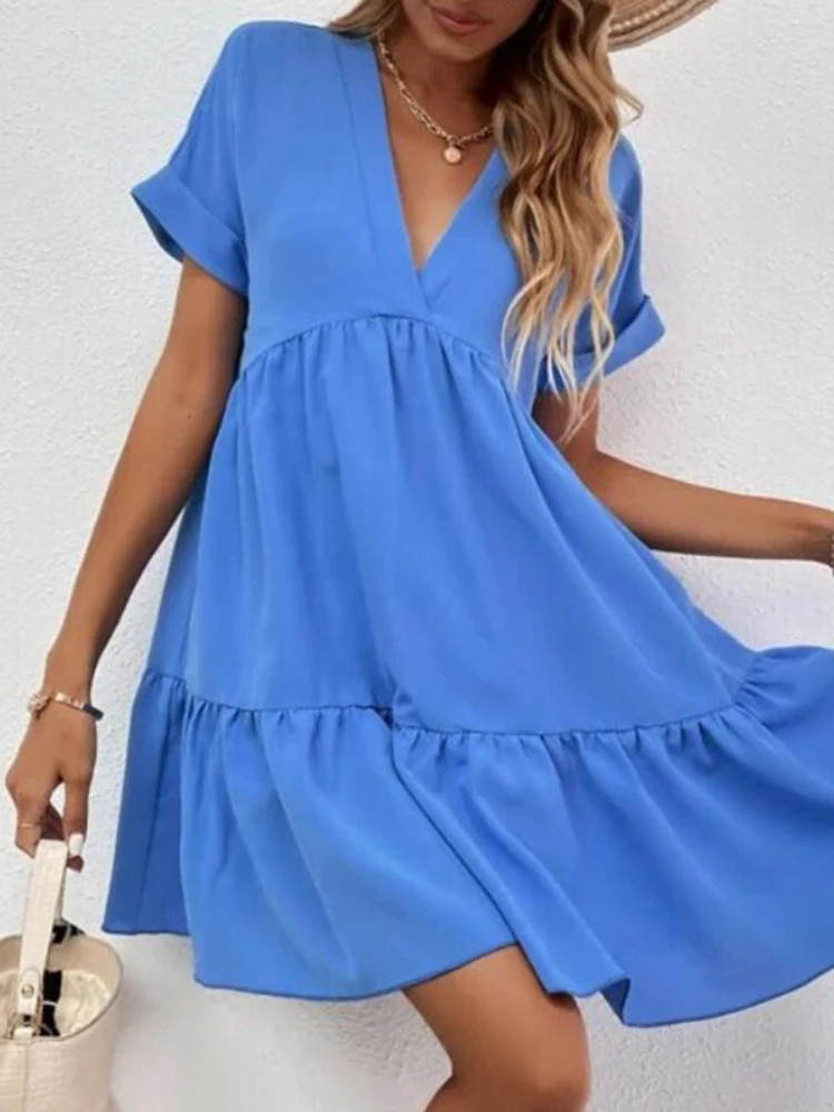 QWEEK Women Sleepwear Short Sleeve Solid Nightdress Summer Nightgown V Neck Night Dress Loungewear Basic&Casual