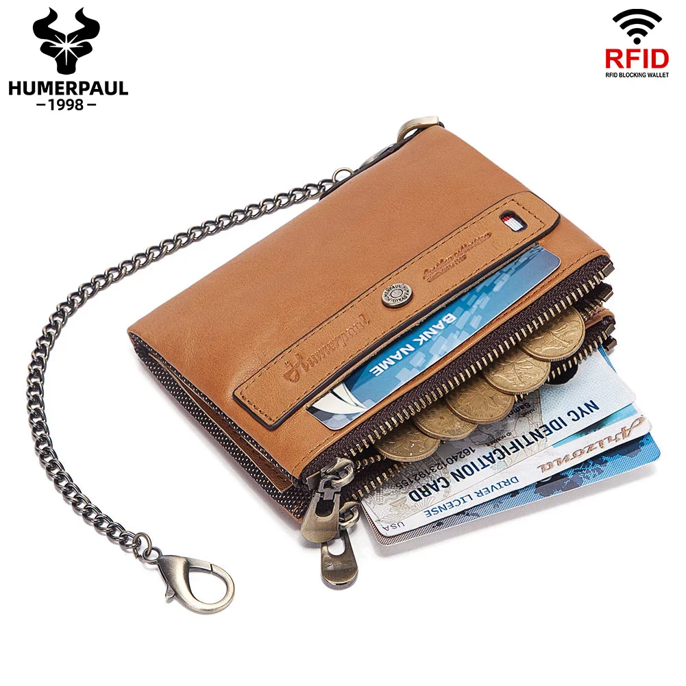 100% Genuine Leather Men Wallet Business Big Capacity Purse Zipper Coin Pocket Detachable Credit Card Holder With RFID Blocking