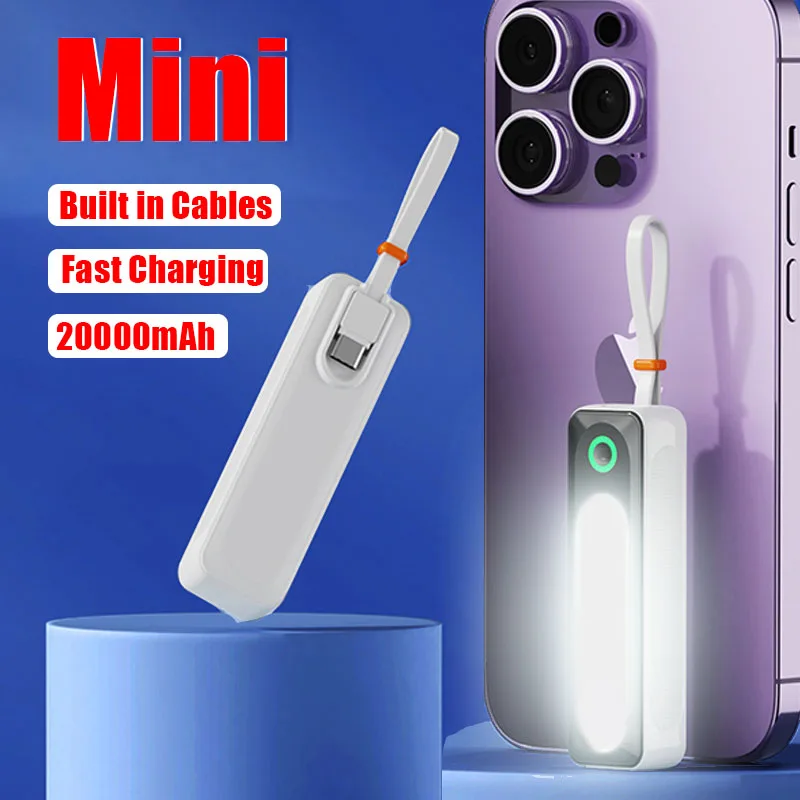 

Mini Power Bank Portable 20000mAh Charger Fast Charging External Battery Built in Cables LED for iPhone Xiaomi Huawei